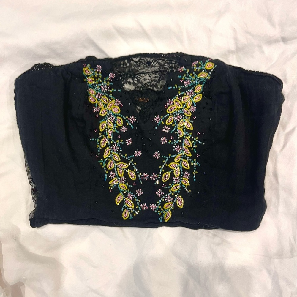 Free People Cropped Corset Lace Beaded Floral Top (M)